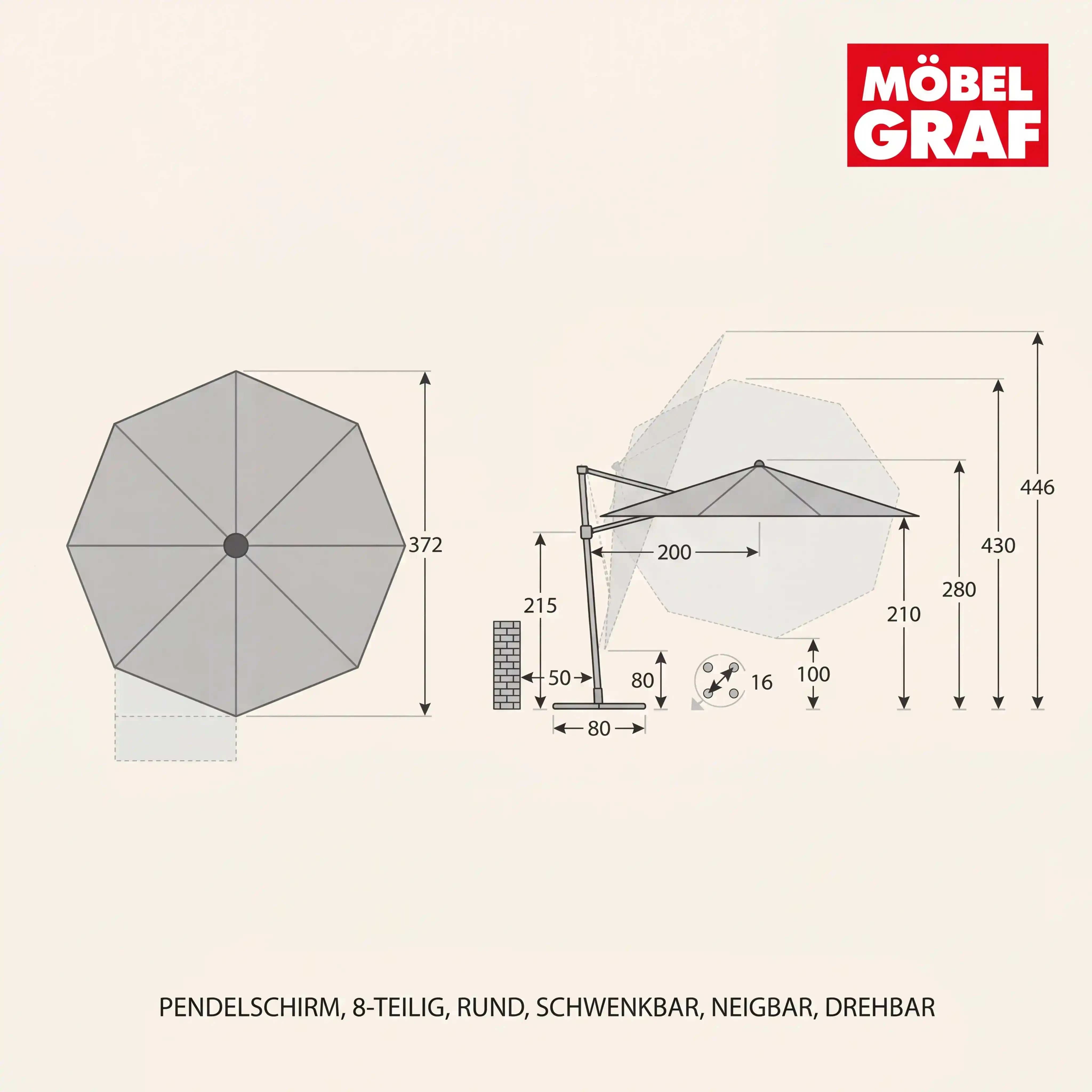 Pendelschirm Ø 370 cm in Greige mit 360° Drehbarkeit und UV-beständigem Polyesterbezug