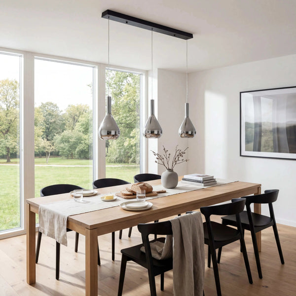 Schwarze Pendelleuchte 100x20 cm LED dimmbar über Esstisch hängend