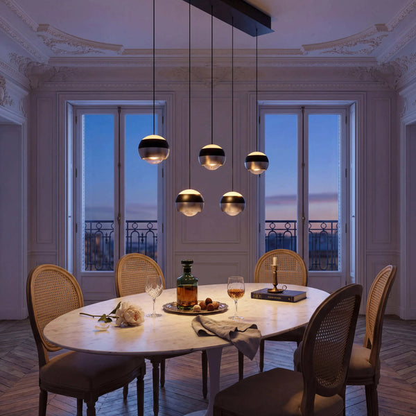 Pendelleuchte 100 cm LED in Nickel matt mit Switch Dimmer und warmem Licht über Esstisch