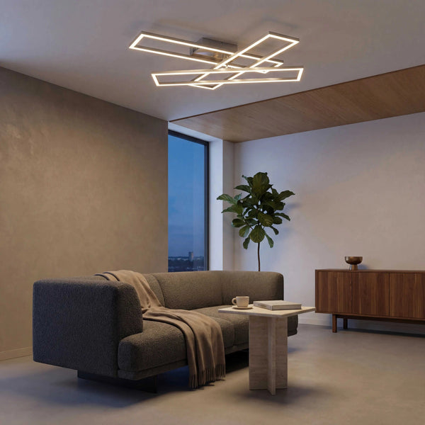 Moderne Decken- & Wandleuchte mit stufenlos verstellbaren Lichtelementen und Fernbedienung in Nickel matt