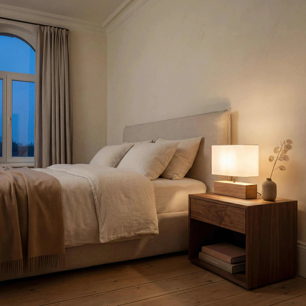 Tischleuchte Naturoptik mit massivem Holzsockel und weißem Stoffschirm für stimmungsvolle Akzentbeleuchtung