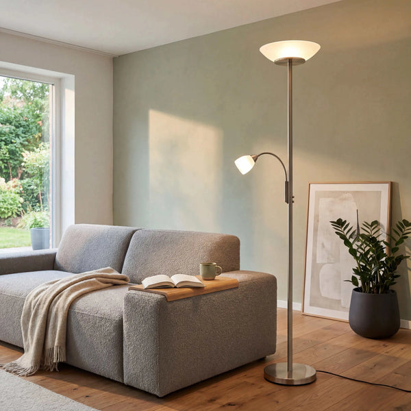 Stehleuchte 180cm aus mattnickel Metall mit weißen Glasschirmen und flexiblem Lesearm