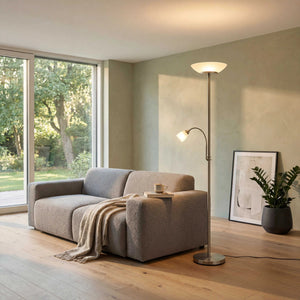 Stehleuchte 180cm aus Metall mit weißem Glas und flexiblem Lesearm