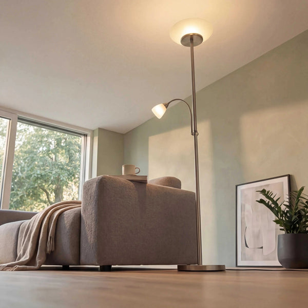 Stehleuchte 180cm aus Metall mit weißem Glasschirm und flexiblem Lesearm