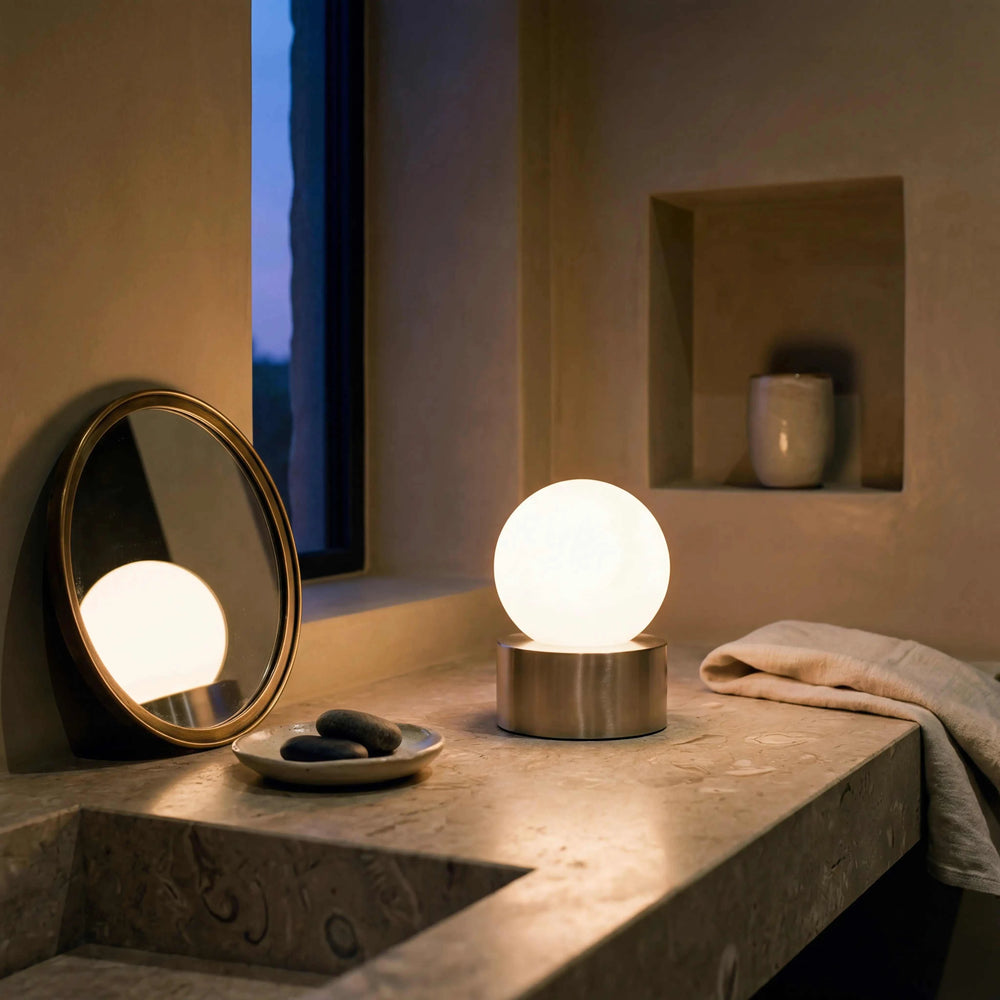 Tischleuchte 17x12cm mit weißem kugelförmigem Glas und Touchfunktion auf nickelmattem Gestell