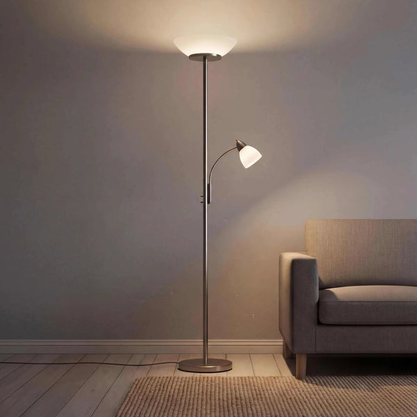 Stehleuchte 180cm aus Metall mit flexiblem Lesearm und weißem Glasschirm