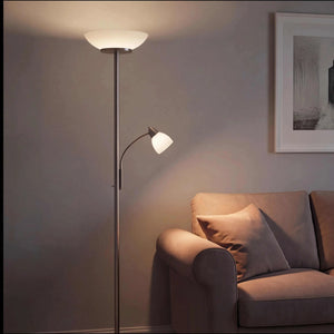 Stehleuchte 180cm aus Metall und Glas mit flexiblen Lesearm und Deckenfluter in Nickel matt