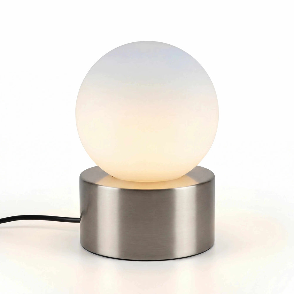 Tischleuchte 17x12cm mit weißem kugelförmigem Glas und Touchfunktion auf nickelmattem Gestell