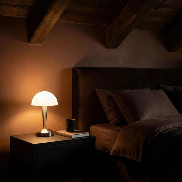 Tischleuchte 12x30cm mit Holzsockel und weißem Stoffschirm für stimmungsvolle Beleuchtung