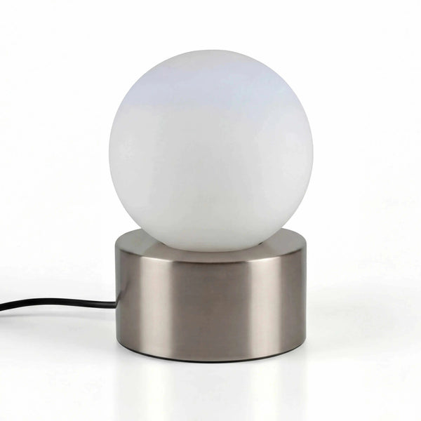 Tischleuchte 17x12cm mit kugelförmigem weißem Glas und Touchfunktion, nickel mattes Gestell, moderne Nachttischlampe