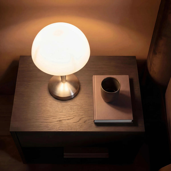 Tischleuchte 12x30cm mit Holzsockel und weißem Stoffschirm, warmes Licht, kompakt und flexibel for Wohn- und Schlafbereich