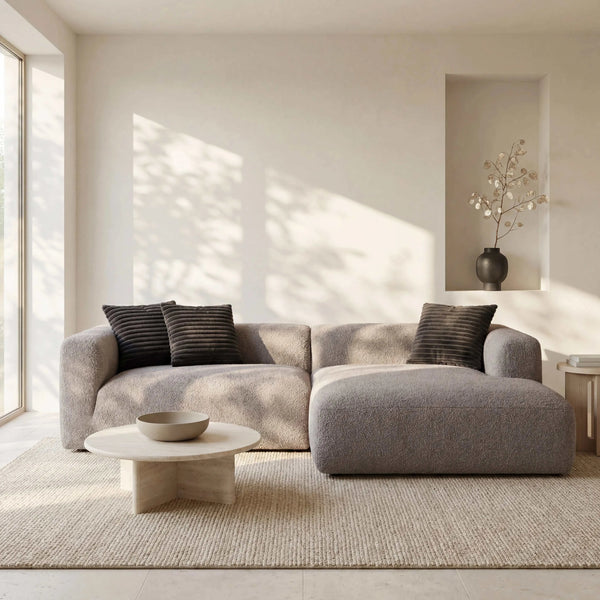 Polstergarnitur Lori graues Ecksofa mit Ottomane rechts und Stoffbezug