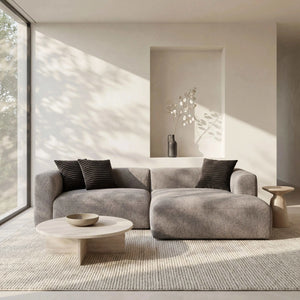 Polstergarnitur Lori graues Ecksofa mit rechter Ottomane und Stoffbezug