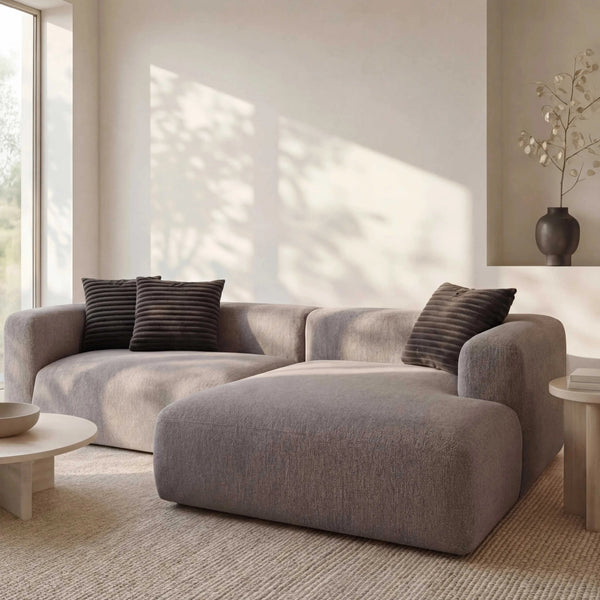 Graues Ecksofa Polstergarnitur Lori mit Ottomane rechts und langlebigem Stoffbezug