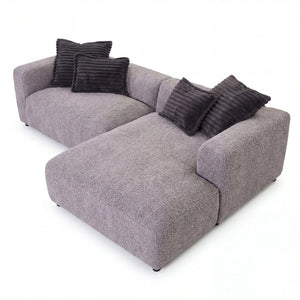 Polstergarnitur Lori graues Ecksofa mit Ottomane rechts aus strapazierfähigem Stoff und schwarzem Kunststofffuß