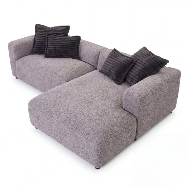 Polstergarnitur Lori graues Ecksofa mit Ottomane rechts aus strapazierfähigem Stoff und schwarzem Kunststofffuß