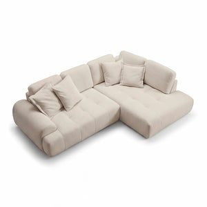 Polstergarnitur als Ecksofa mit Ottomane rechts in Stoffdessin 389/55 mit Kissen, 309x205 cm groß, komfortabel und geräumig