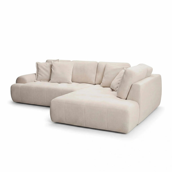 Geräumige Polstergarnitur als Ecksofa mit Ottomane rechts und Stoffbezug