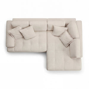 Polstergarnitur als Ecksofa mit rechter Ottomane und Kissen in Stoff Dessin 389/55, 309x205 cm groß