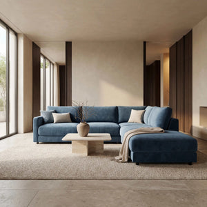 Polstergarnitur Milian eckiges Ecksofa in blauem Stoff mit extra weichem Softsitz und großzügiger Stellfläche