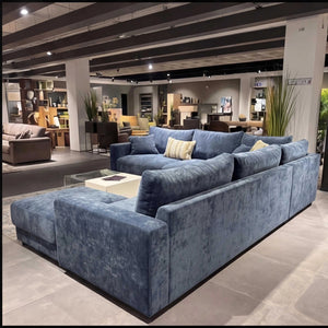 Polstergarnitur Milian eckiges Ecksofa in blau mit extra weichem Softsitz und Dekokissen