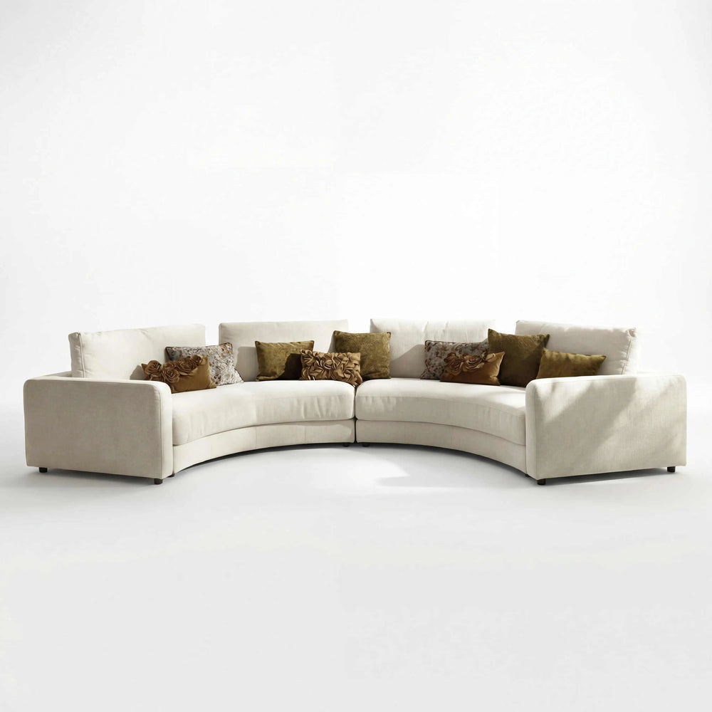 Polstergarnitur Milian rund halbrunde Sitzlandschaft in silbernem Stoff mit extra weichem Softsitz und dekorativen Kissen