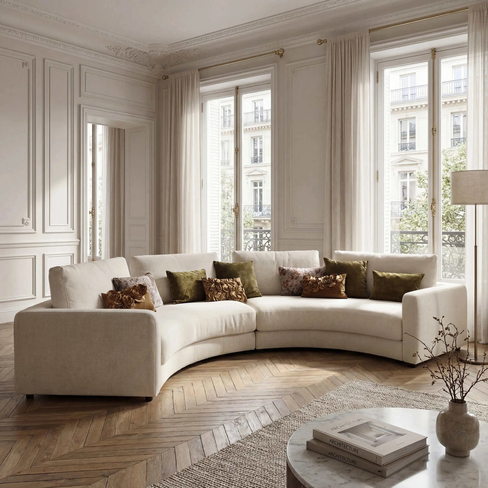 Polstergarnitur Milian rund halbrunde Sitzlandschaft in silbernem Stoff mit extra weichem Softsitz und dekorativen Kissen