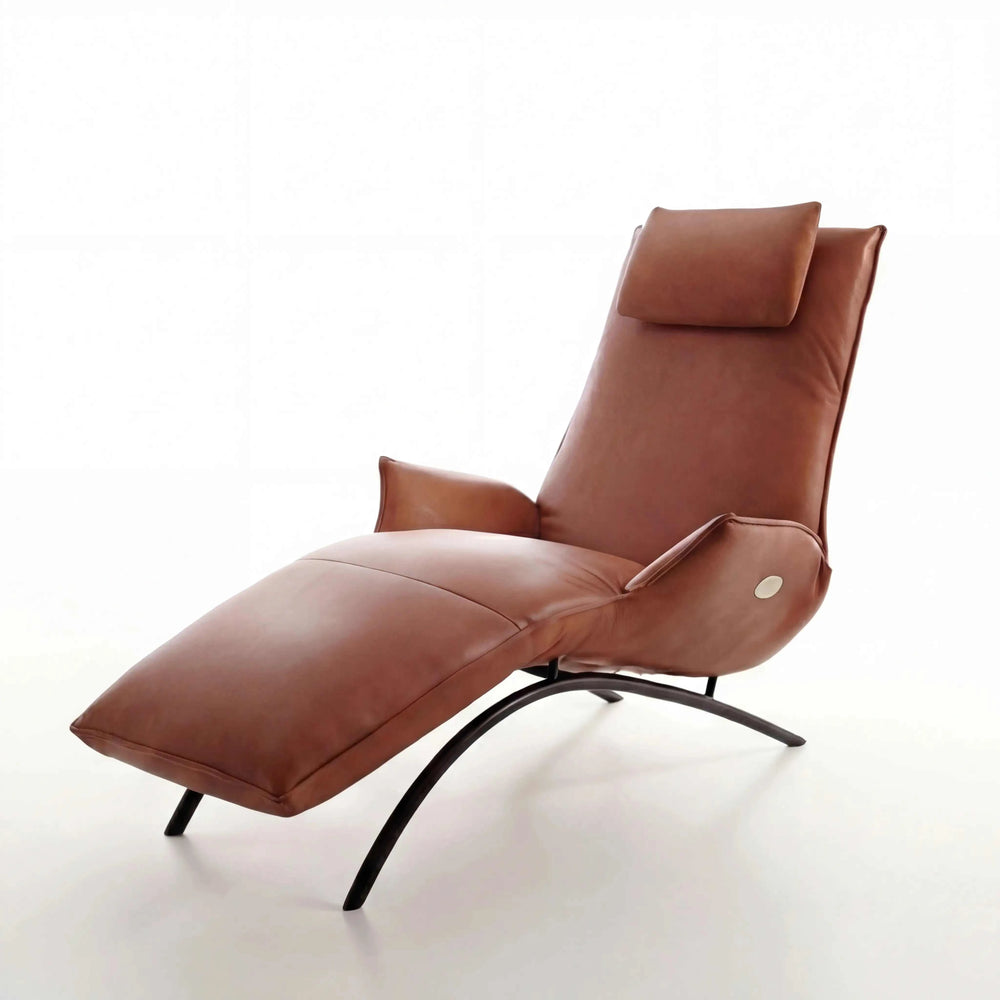 Polsterliege Joleen in dunkelrotem Leder mit Edelstahlgestell und Elektromotor