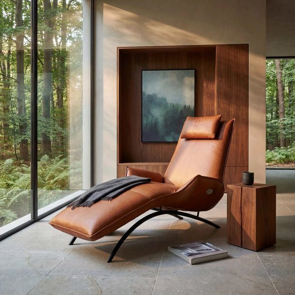 Polsterliege Joleen in dunkelrotem Leder mit Edelstahlgestell und Elektromotor