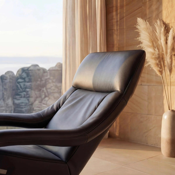 Fernsehsessel Yoko aus Leder C-Classic Pepper mit Metalldrehteller in Nickel, dunkler Braunton, modernes Design