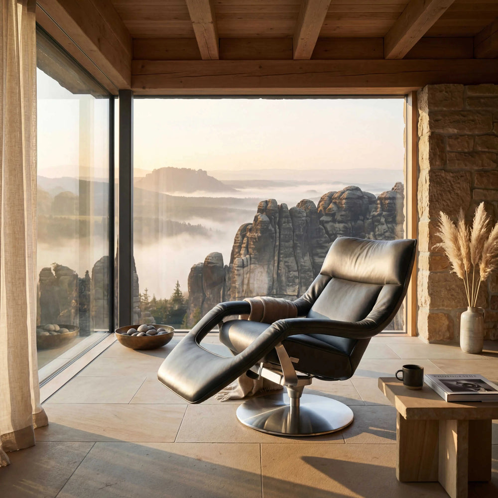 Fernsehsessel Yoko aus dunkelbraunem C-Classic Leder mit nickelfarbenem Metalldrehteller