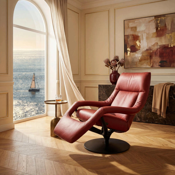 Fernsehsessel Yoko aus Leder A-India Chilli mit hohem Kopfteil und schwarzem Drehkreuz