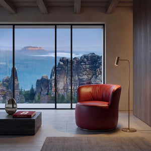 Sessel Igor kompakter Drehsessel aus schwarzem Leder mit hochglanz schwarzem Metall-Drehring