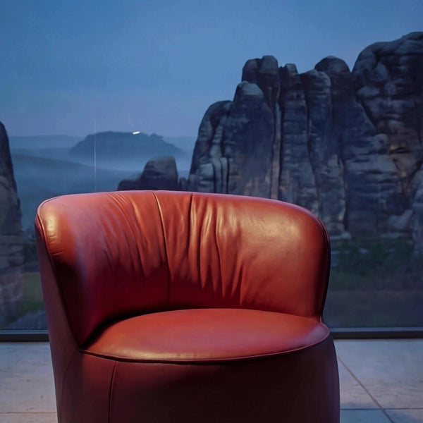 Sessel Igor aus schwarzem Leder A-India Omega mit hochglänzendem Metall-Drehring in modernem Design