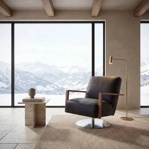 Sessel Icarus aus schwarzem Leder mit Nussbaum-Massivholzarmteilen und eleganter Polsterung