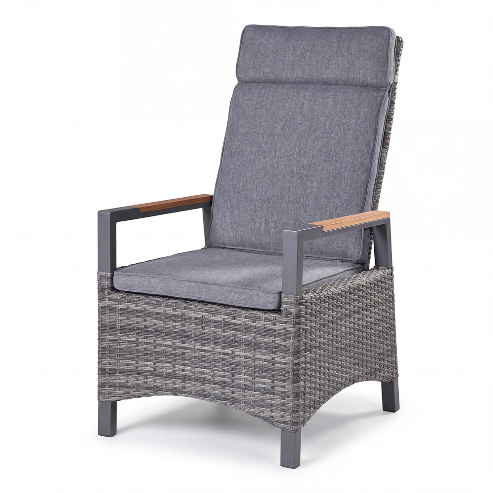 Polyrattan Positionsstuhl mit Teak-Armlehnen