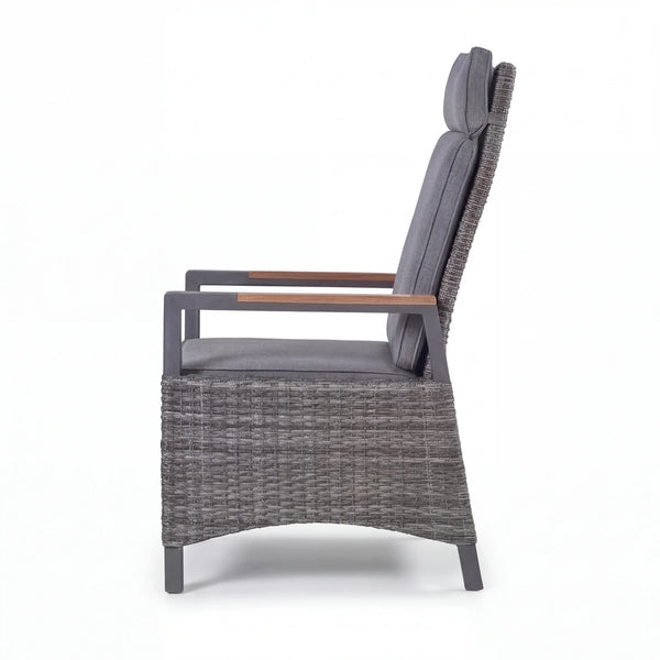 Polyrattan Positionsstuhl mit Teak-Armlehnen