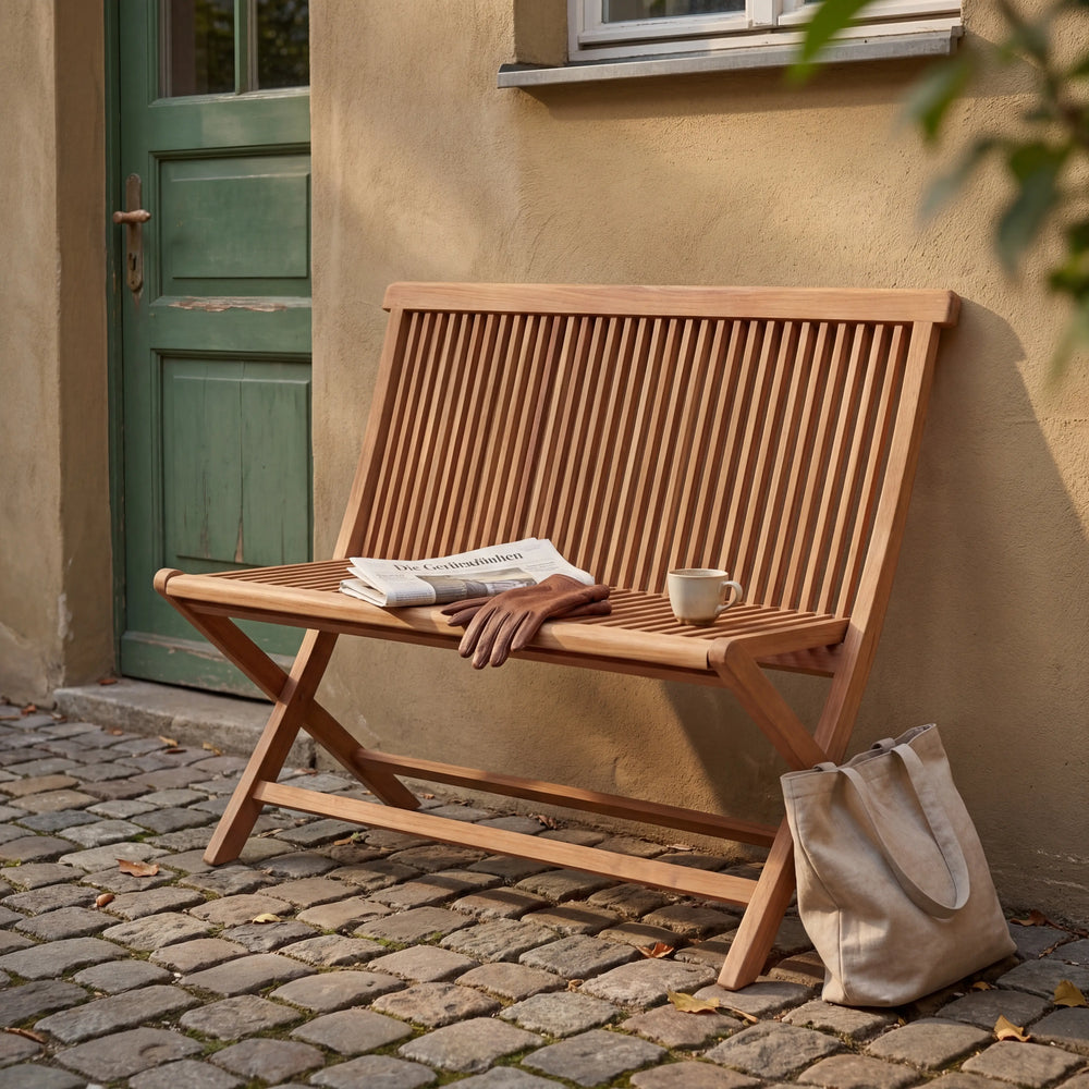 Klappbare Gartenbank Savannah aus massivem Teakholz auf Terrasse