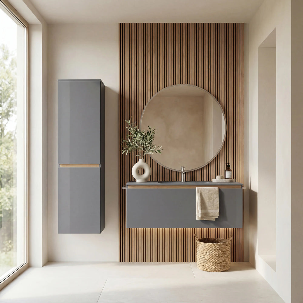 Badprogramm Flash von Nobilia in Schiefergrau mit Waschtisch, Unterschrank, Spiegel und LED-Beleuchtung