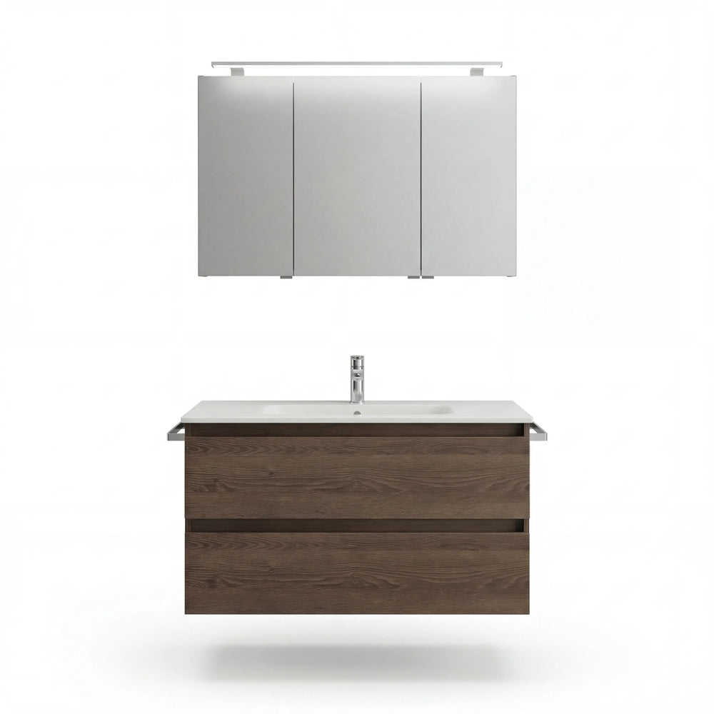 Modernes Badprogramm Cuba mit Cuneo Eiche dunkel, Keramik-Waschtisch und LED-Beleuchtung