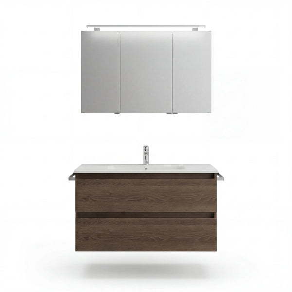 Badprogramm Cuba mit dunklem Cuneo Eiche Holz, Keramik-Waschtisch, Spiegelschrank und LED-Beleuchtung
