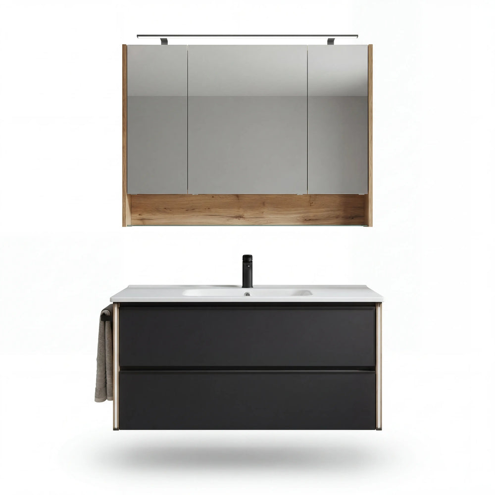 Modernes Badprogramm Serie 6040 mit schwarzem Glasfront und Eichenholz, komplett mit Schrank, Spiegel und Zubehör