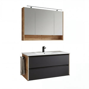 Modernes Badprogramm Serie 6040 mit schwarzem Glas und halifax Eiche inkl. Armatur und Wandregal