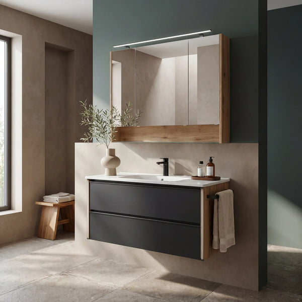 Moderner Badprogramm Serie 6040 mit schwarzem Glasfront und Eichenkorpus inklusive Armatur und Zubehör