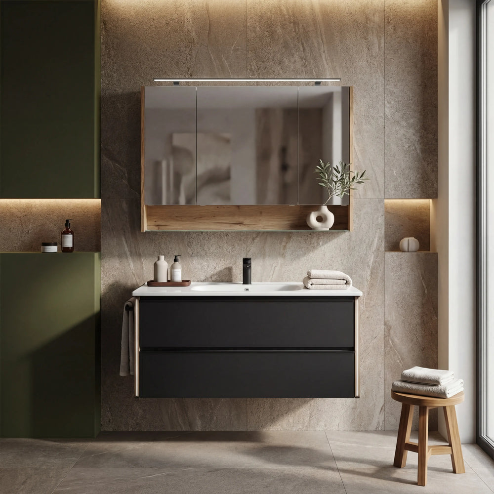 Modernes Badprogramm Serie 6040 mit schwarzem Glasfront und Eichenholz, komplett mit Schrank, Spiegel und Zubehör