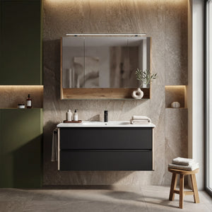 Modernes Badprogramm Serie 6040 mit schwarzem Glasfront und Eichenholz, komplett mit Schrank, Spiegel und Zubehör