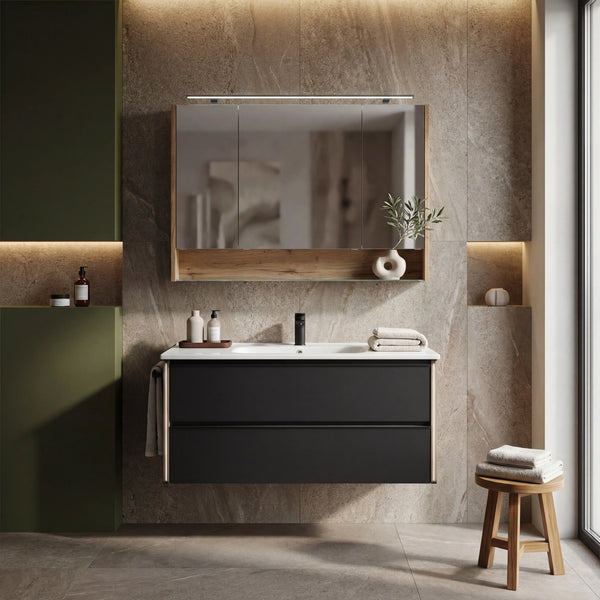 Modernes Badprogramm Serie 6040 mit schwarzem Glasfront und Eichenholz, komplett mit Schrank, Spiegel und Zubehör