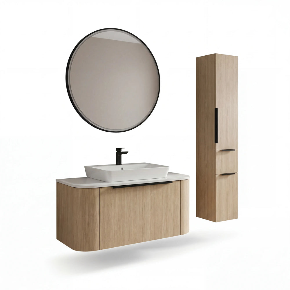 Moderne Badkombination Serie 7200 Linea Eiche mit LED-Beleuchtung und Hochschrank