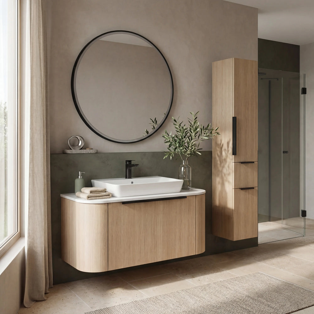 Moderne Badkombination Serie 7200 Linea Eiche mit LED-Beleuchtung und Hochschrank