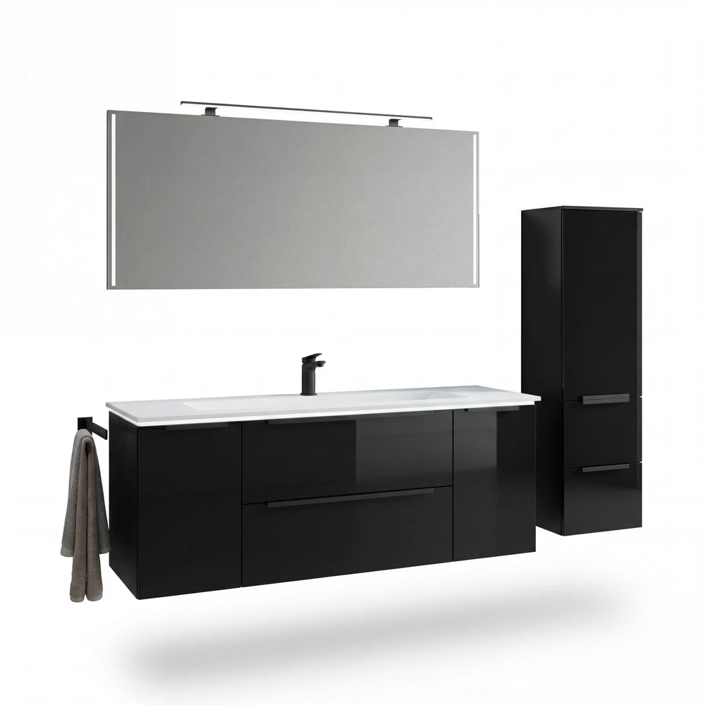 Moderne Badkombination Leo mit schwarzem Glas und LED-Beleuchtung